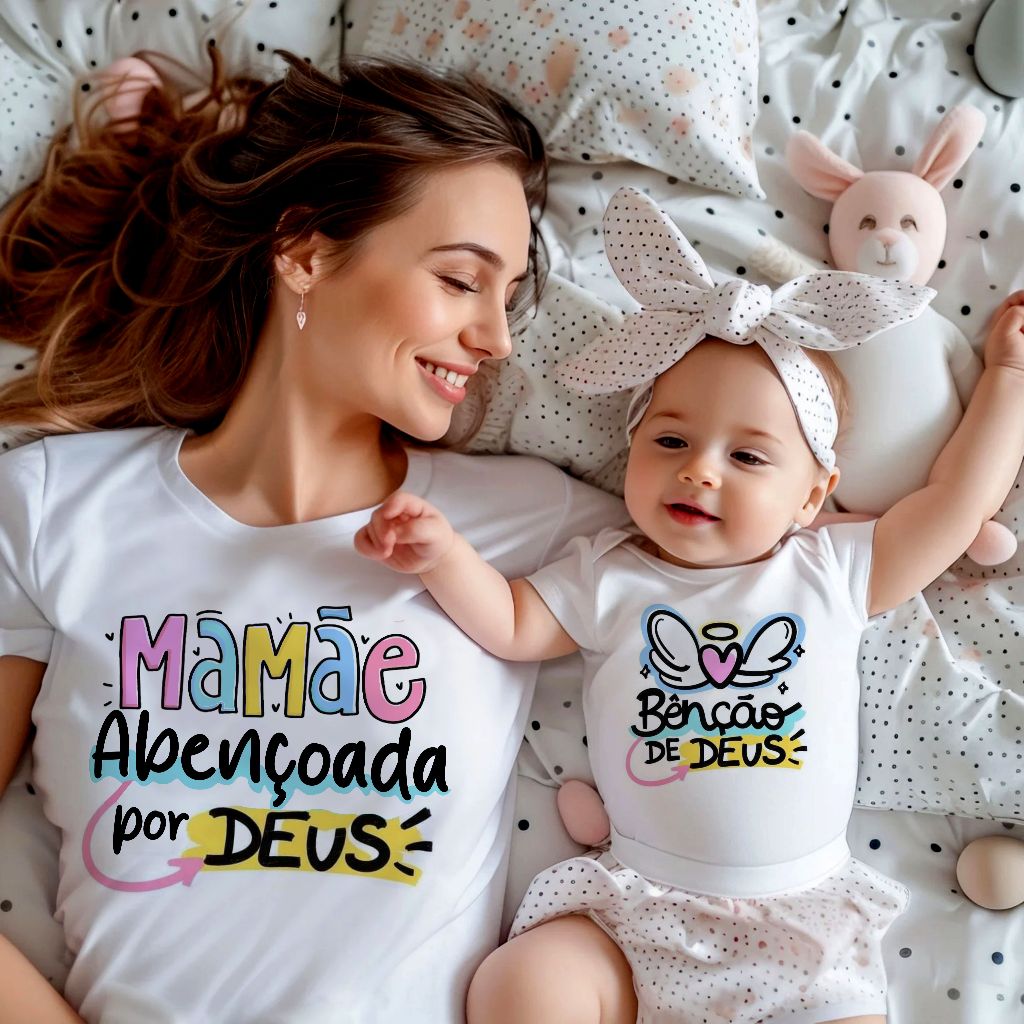 kit blusa camiseta mãe e filha, tshirt mamãe e filho dia das mães presente ensaio BENÇÃO DE DEUS, cristã plus size