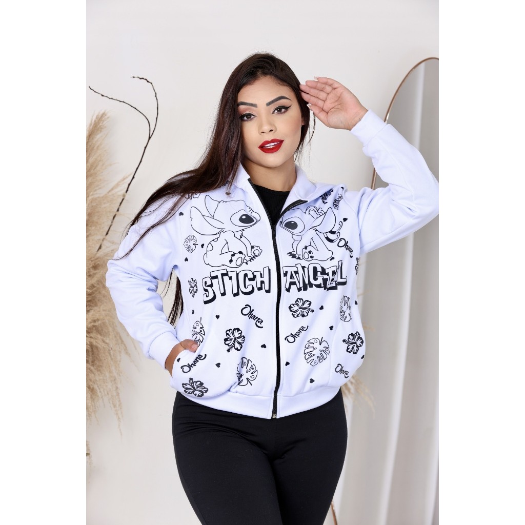 BLUSA CASACO FEMININO ADULTO MOLETON POLIESTER FLANELADO ESTAMPADO STICH ANGEL
