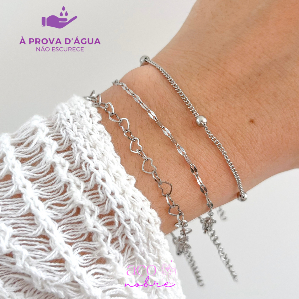 Kit Pulseiras De Aço Inox Pulseira Delicadas Corrente De Corações Vazados Aço Dourado
