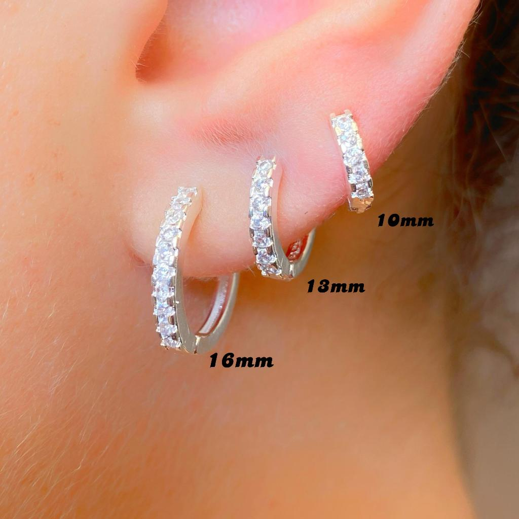 Trio de Argolas Prata Feminina kit Cravejadas em Pedras de Zircônias Ponto de Luz 16mm 15mm 14mm 13mm 12mm 11mm