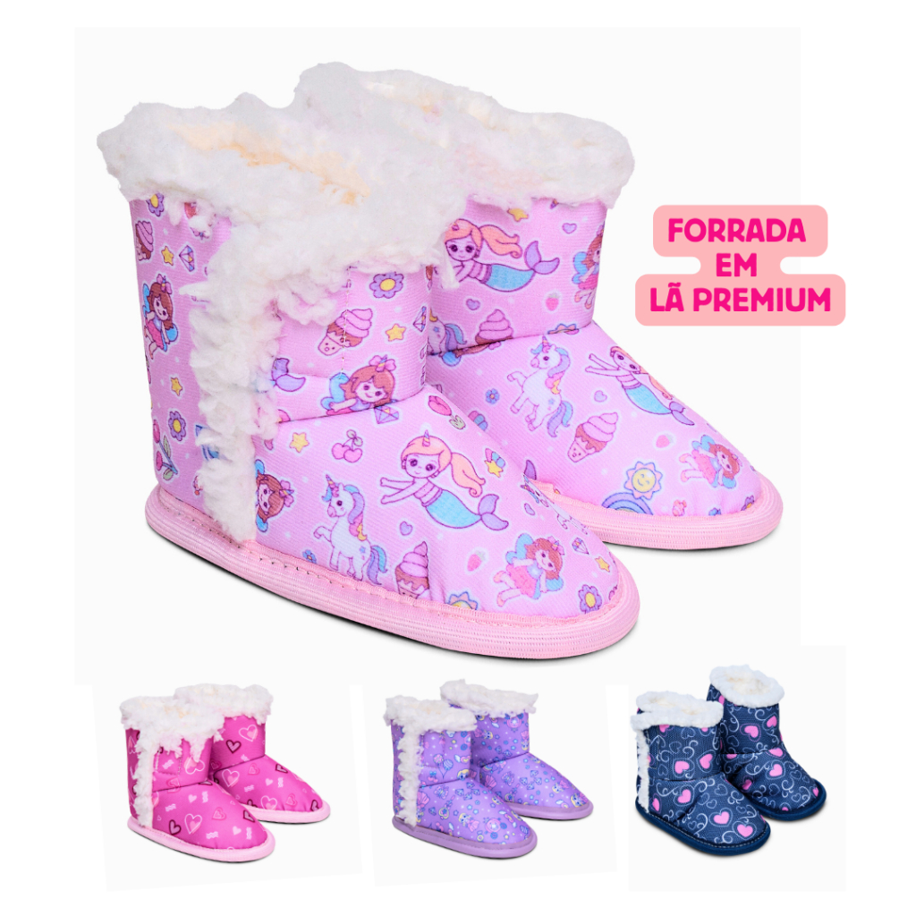 Pantufa Botinha Bebê e Infantil Menina 13/14 ao 23/24 Forrada Em Lã Solado Antiderrapante