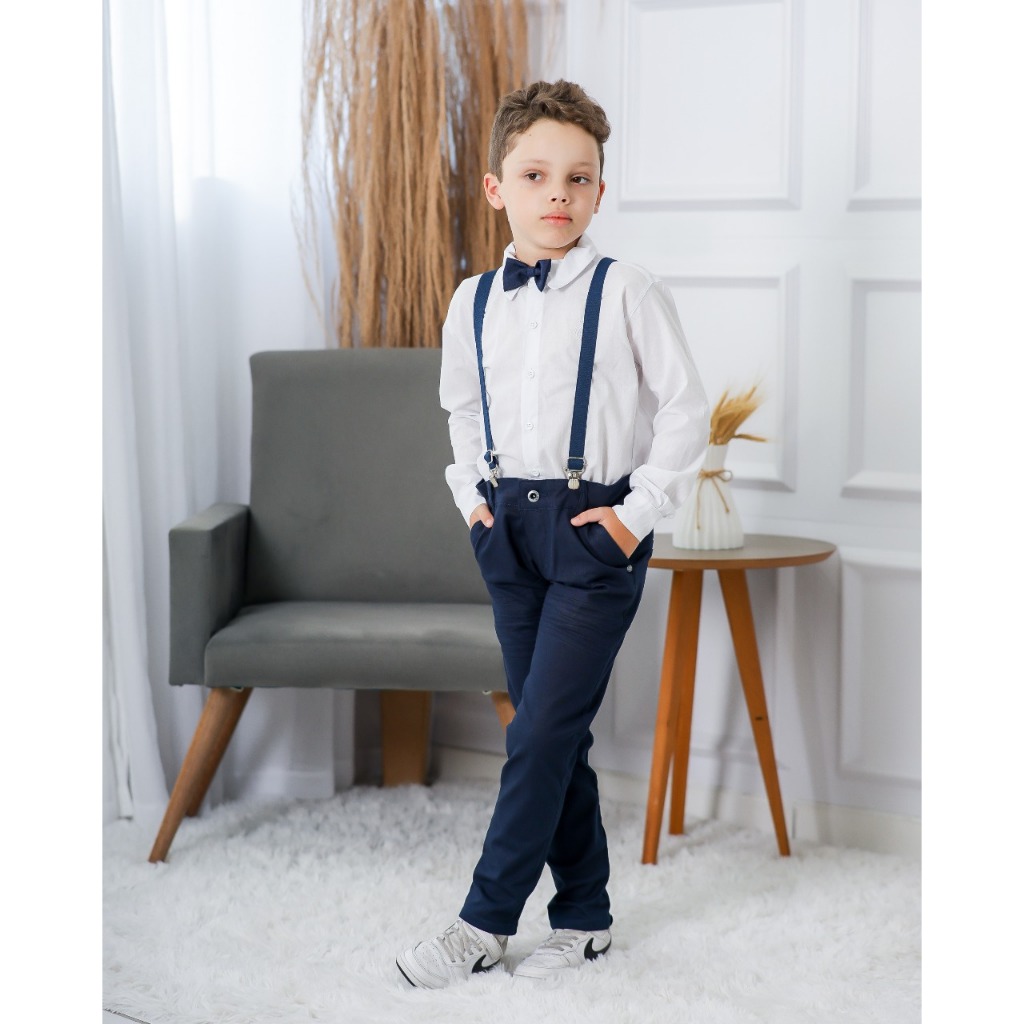 Calça Azul Marinho Camisa Branca  Gravata Suspensório Batizado Casamento Pajem Formatura Social Menino Infantil