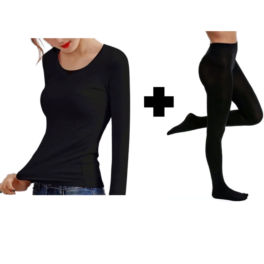 Kit Conjunto Blusa Segunda Pele Térmica Flanelado + Meia Calça Com Pé  Frio Intenso feminino Sem Pé