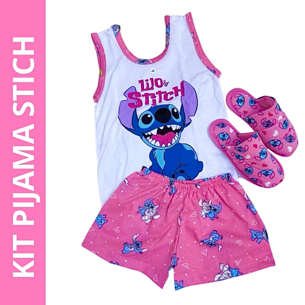 kit 1 short doll regata infantil + 1 pantufa verao personagens blogueira stich de dormir pijama feminino infantil festa