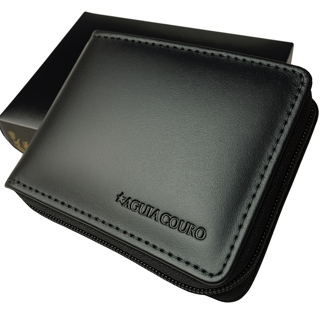 Carteira Masculina Couro Legitimo fecho com ziper resistente