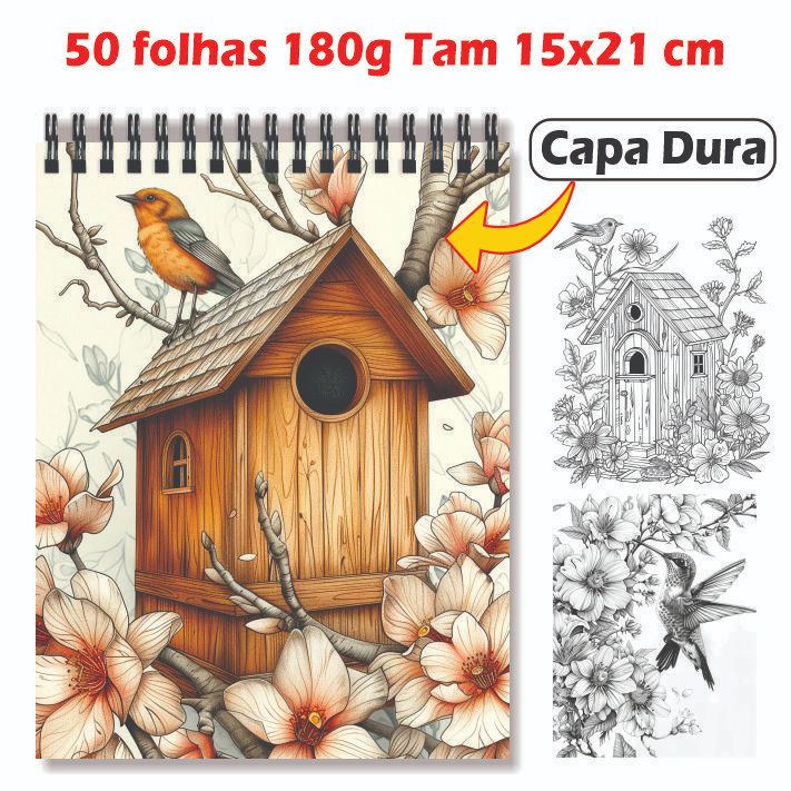 Livro de Colorir 15x21cm Capa Dura 50 Folhas 180g Passaros 1ª Edição