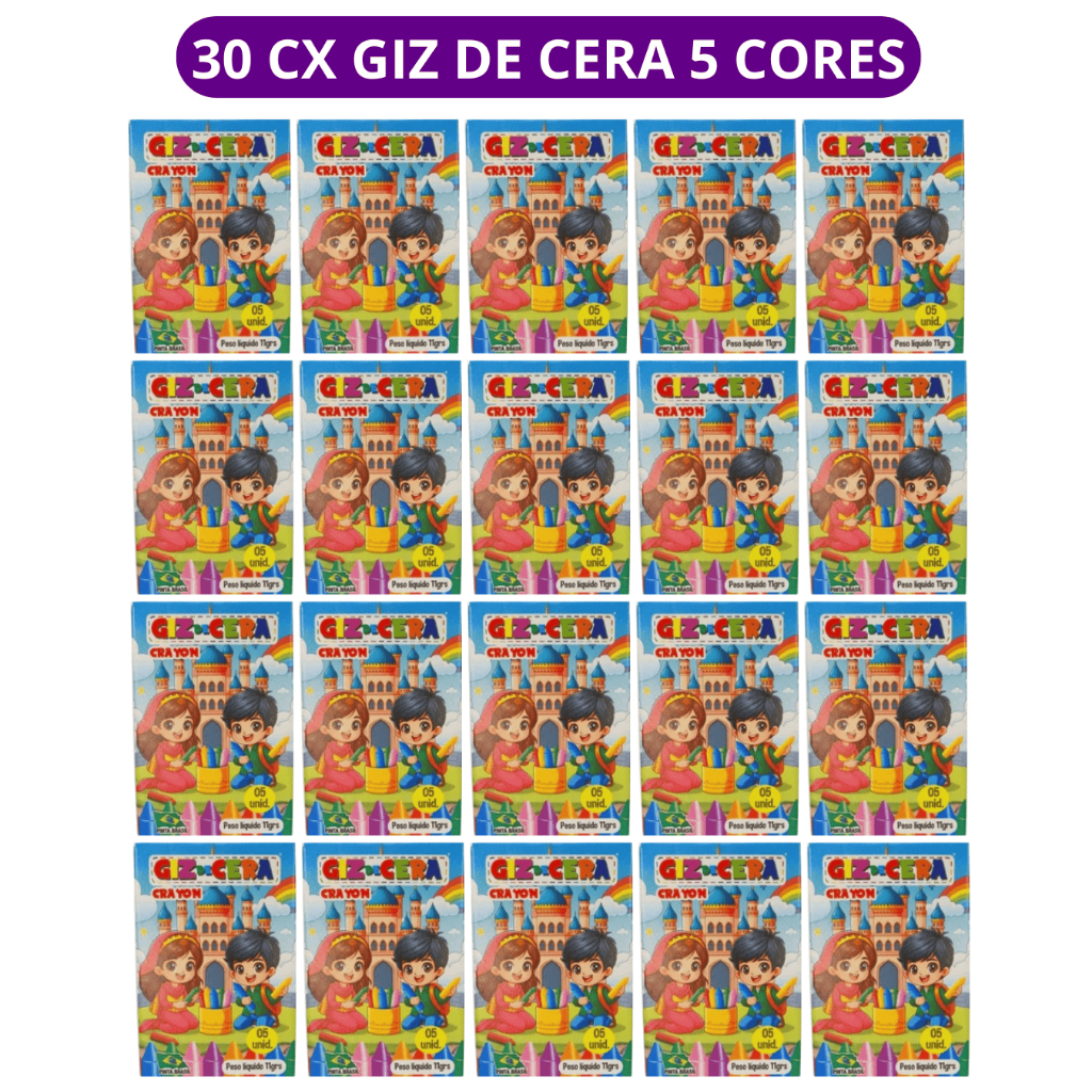 30 cx Mini Giz de Cera 5 Cores P/ Kit Festa Lembrancinha Artesanato Infantil