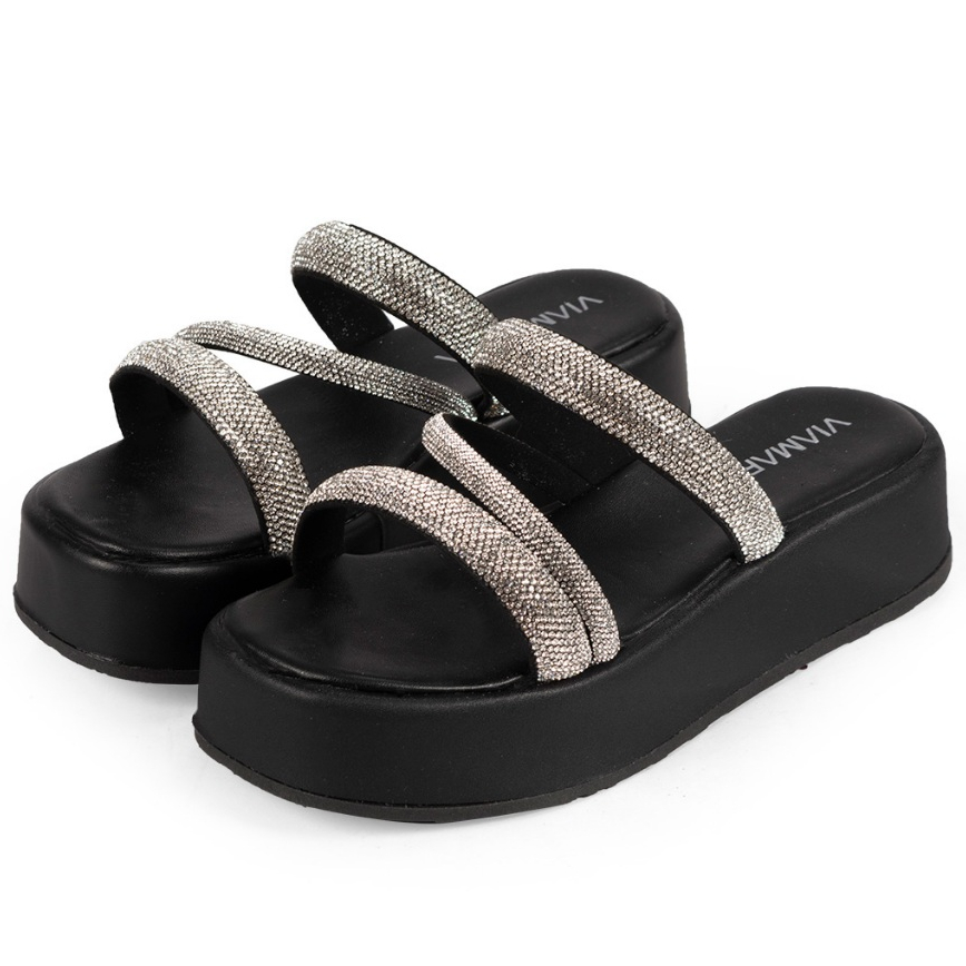 Papete Feminina 3 Tiras Z Strass Brilho Plataforma Alta Flat Confortável Luxo Birken Sandália