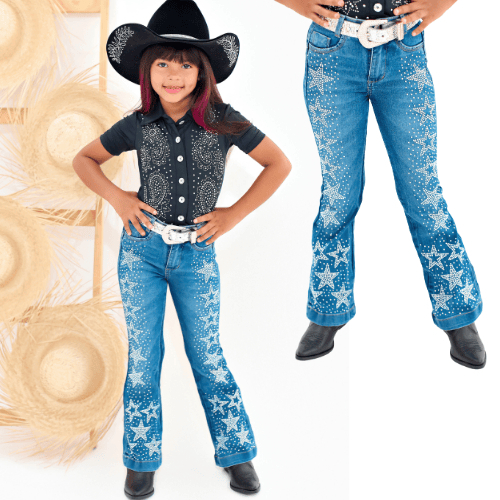 Calça Flare Feminina Infantil e Juvenil Meninas Strass com Brilho Boca Larga Country Rodeio ESTRELA