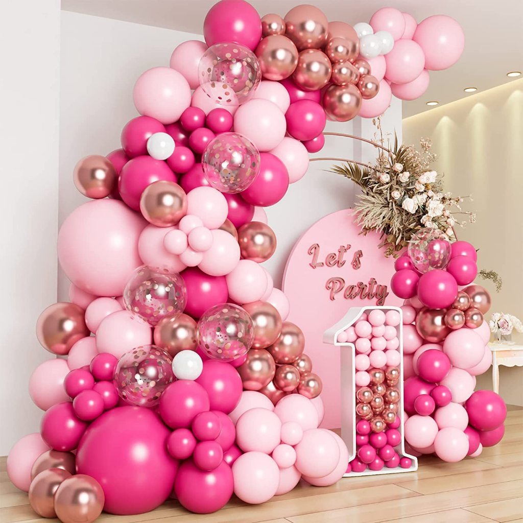 Kit 141 Balões Rosa + Branco + Rose Gold Metalizado - Balão Bexiga Liso/Cromado Para Festas e Aniversários