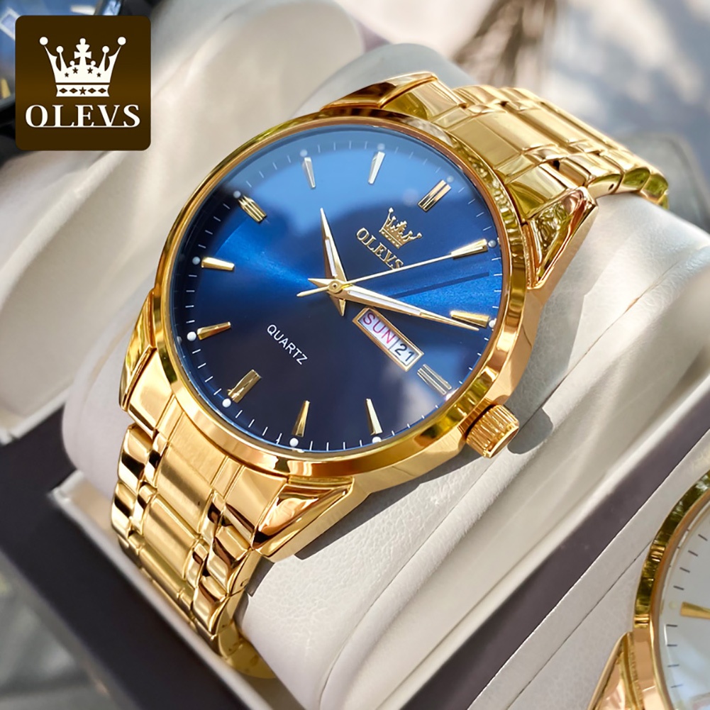 OLEVS Relógio Masculino Relogio A Prova D'água Luminoso Calendário Luxo Dourado & Azul & Preto 6898