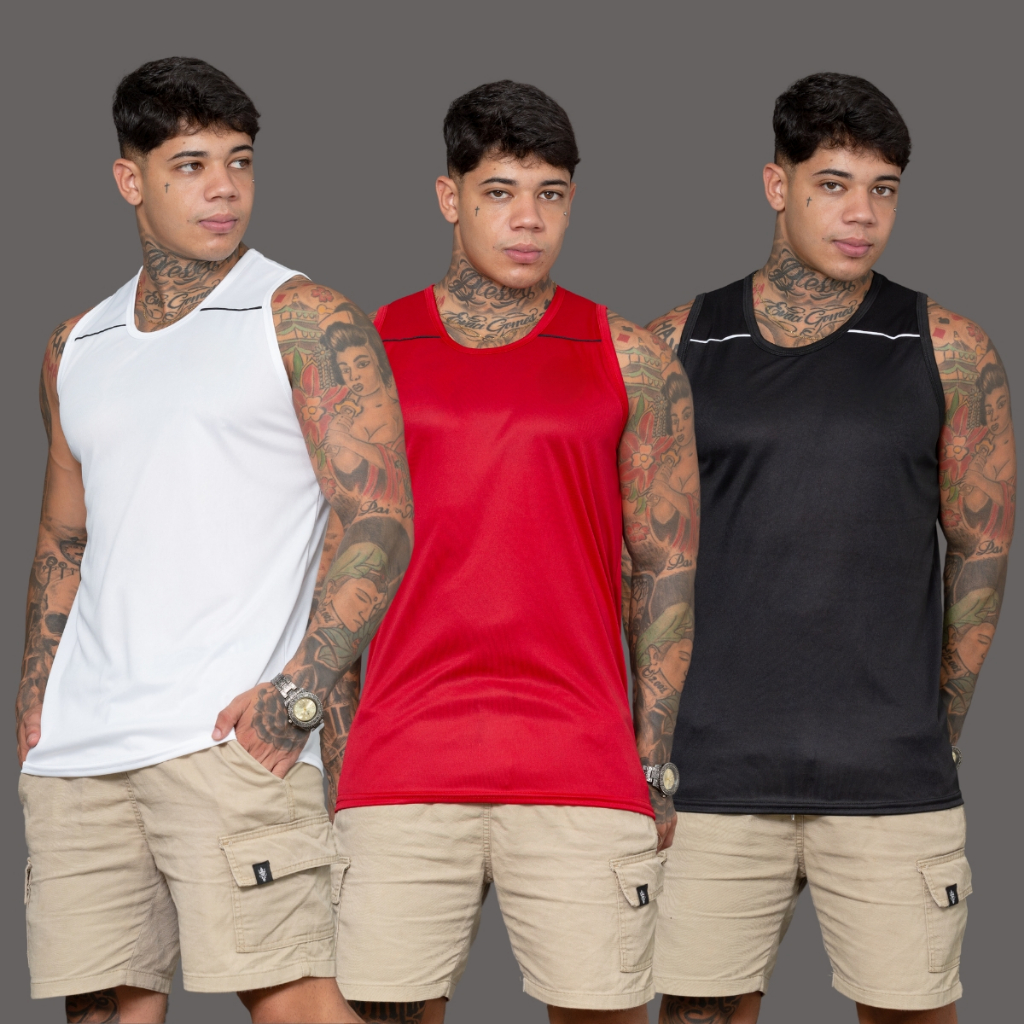 Kit 3 Regata Masculina Básica Lisa Dry Fit Academia