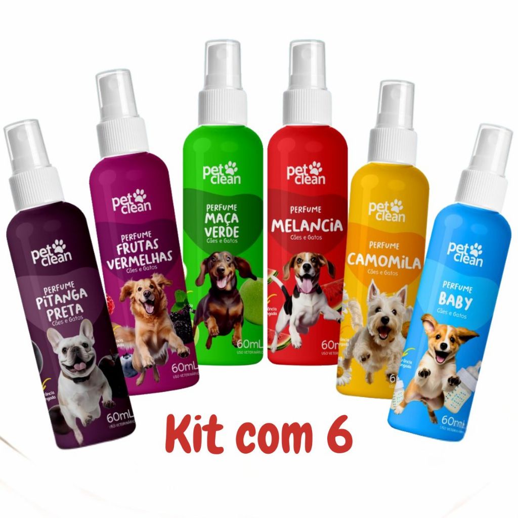 Pet Clean Kit 6 Perfumes 60ml cada Fragrâncias Diferentes para Cães e Gatos