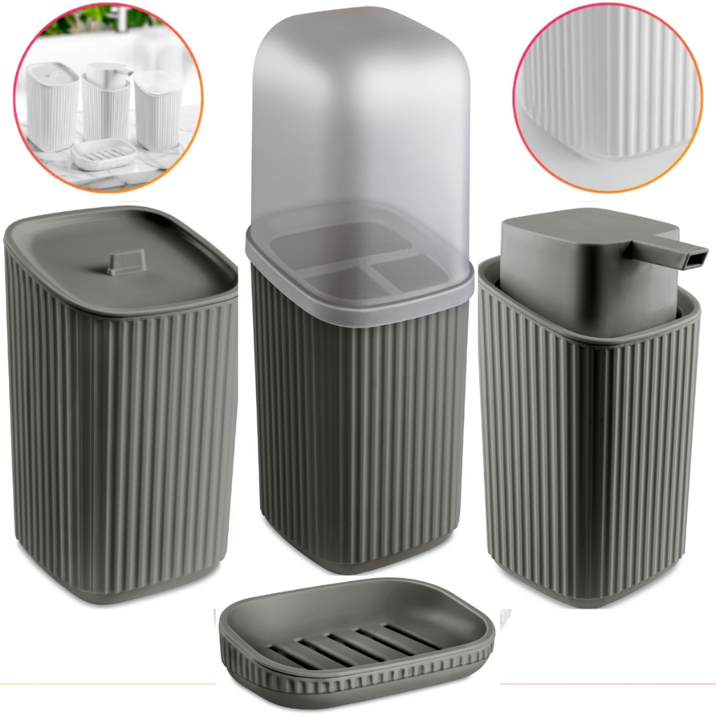 Kit 4 Acessórios Banheiro Porta Sabonete Líquido, Porta Algodão, Porta Escovas e Saboneteira Av