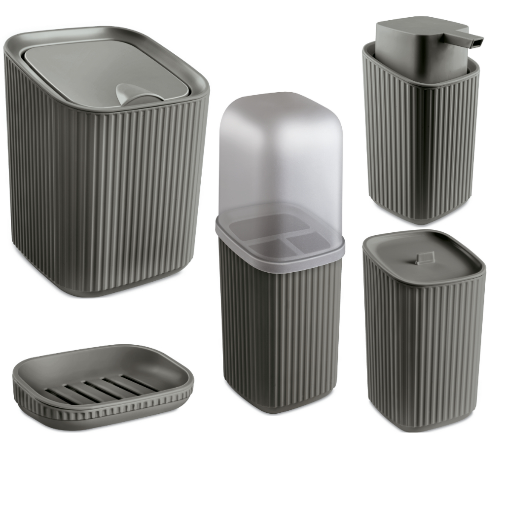 Kit Completo Banheiro 5 Peças Lixeira, Saboneteira e Porta Sabonete Líquido, Escova e Algodão Av