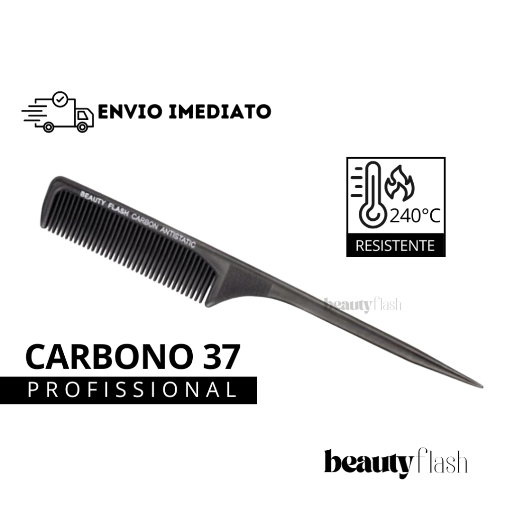 Pente Profissional Carbono 240ºC Antiestático Beauty Flash Cerdas Grossas e Cabo Ponta Fina Pente 37