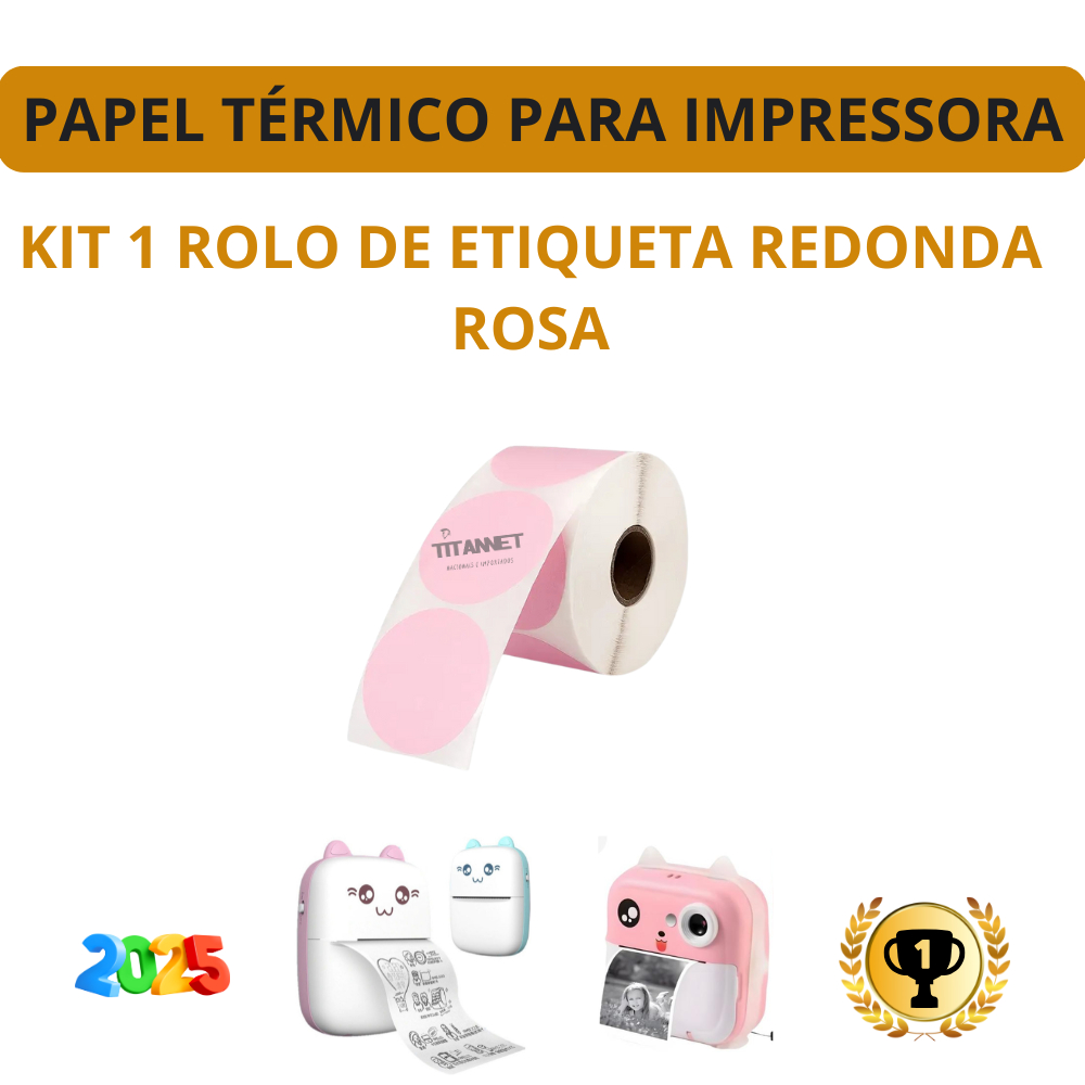 Kit com 1, 3 e 5 Rolos de Etiqueta Adesiva Redonda Rosa para Impressora Gato