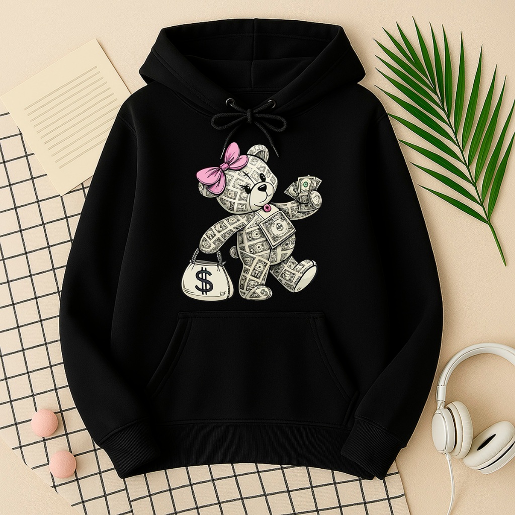 Moletom Blusa de Frio Feminino Rosa Estampada Urso Money Luxo Meninas Blusão Lançamento Premium