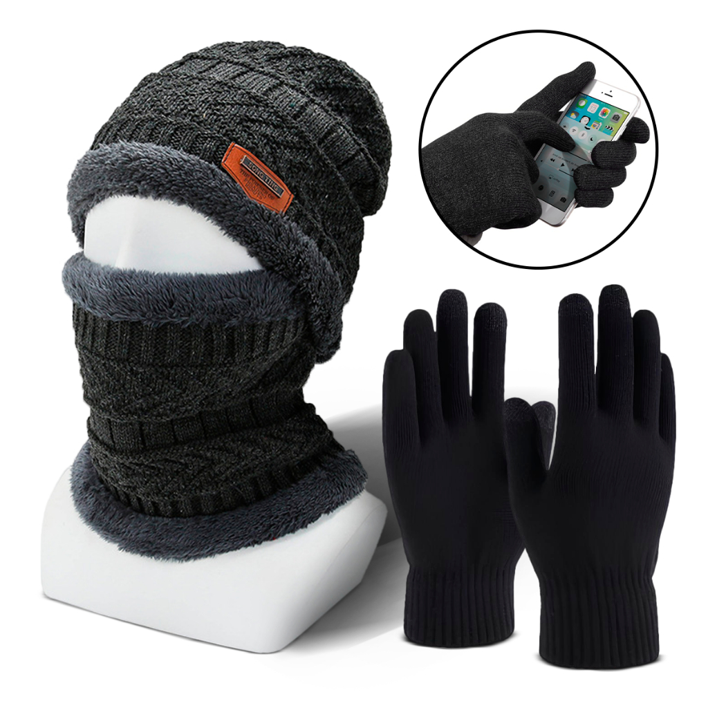 Kit De Frio Intenso Luva Touch + Touca e Protetor De Pescoço Pelinho Forrado Masculino Feminino