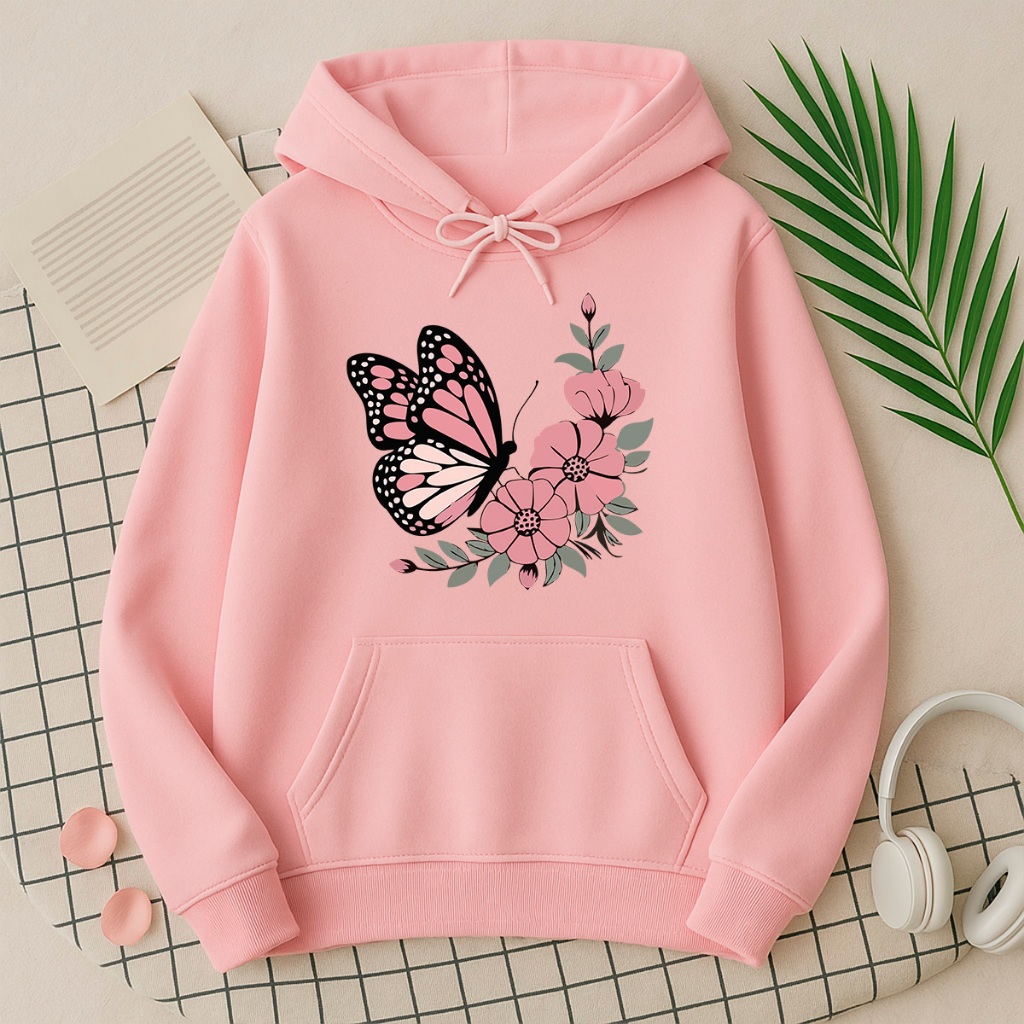 Blusa de Frio Moletom Feminino Borboleta e Flores Primavera Look Quentinho Inverno Versátil Promoção