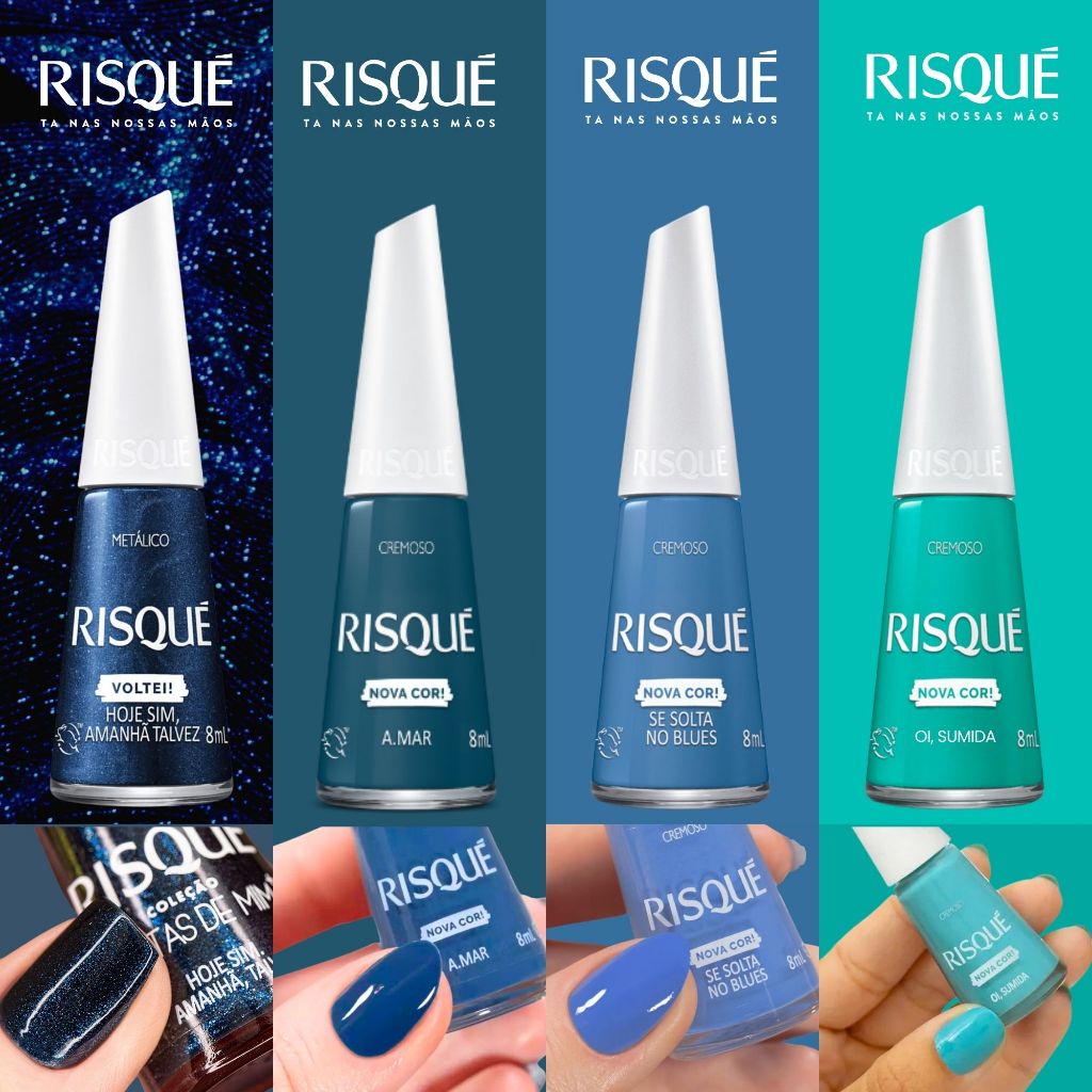 Kit 4 Esmaltes Risqué Tons Azul Cremoso Metalico Nova Coleção Risqué Esmalte Atacado