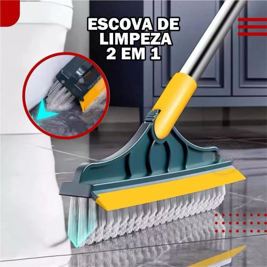 Escova 2 em 1 Vassoura e Rodo , Escova Rígida de Limpeza com Raspador e Limpa Vidros com Rotação