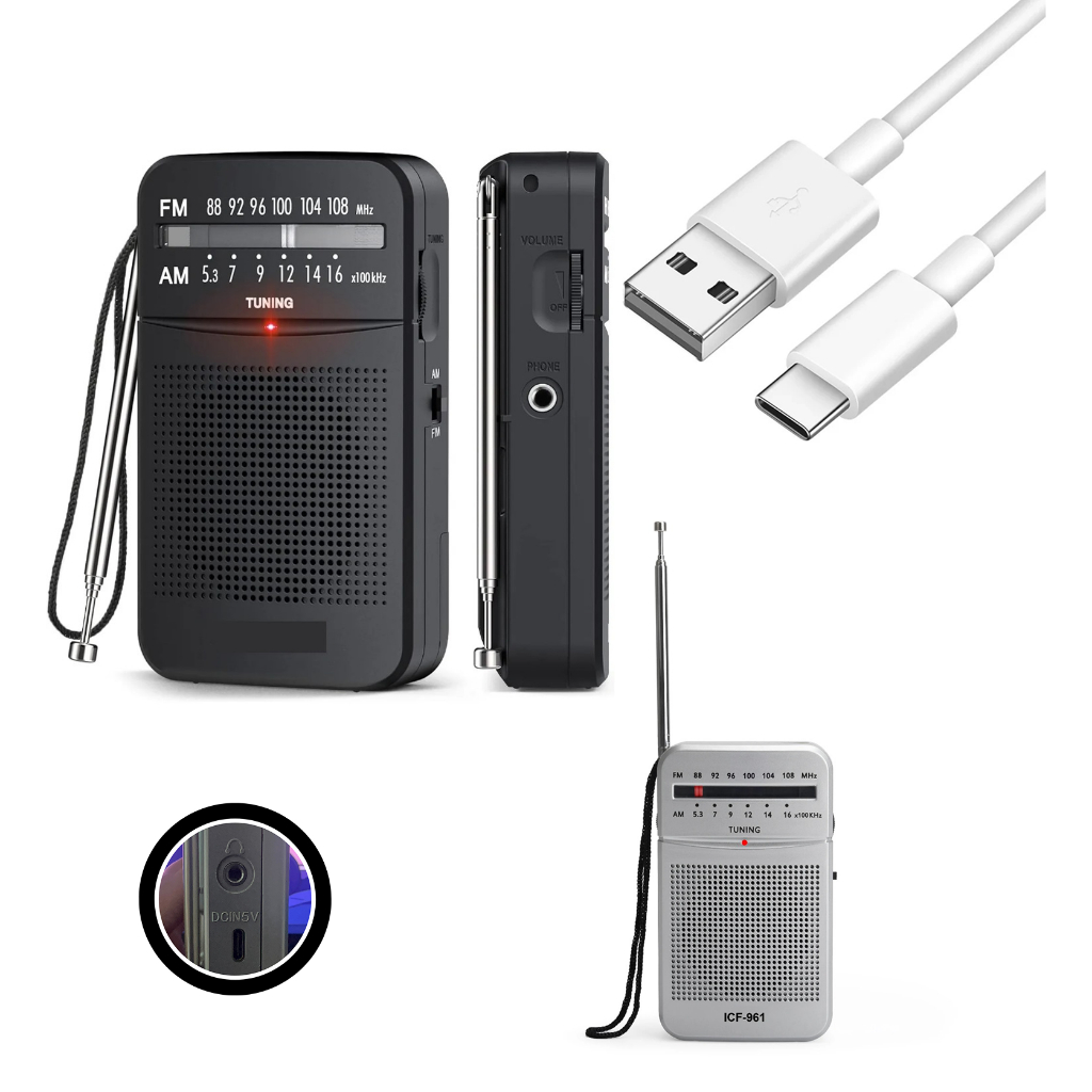 Rádio Portátil De Bolso Portátil AM FM Bateria Recarregavel e Pilha com Alça