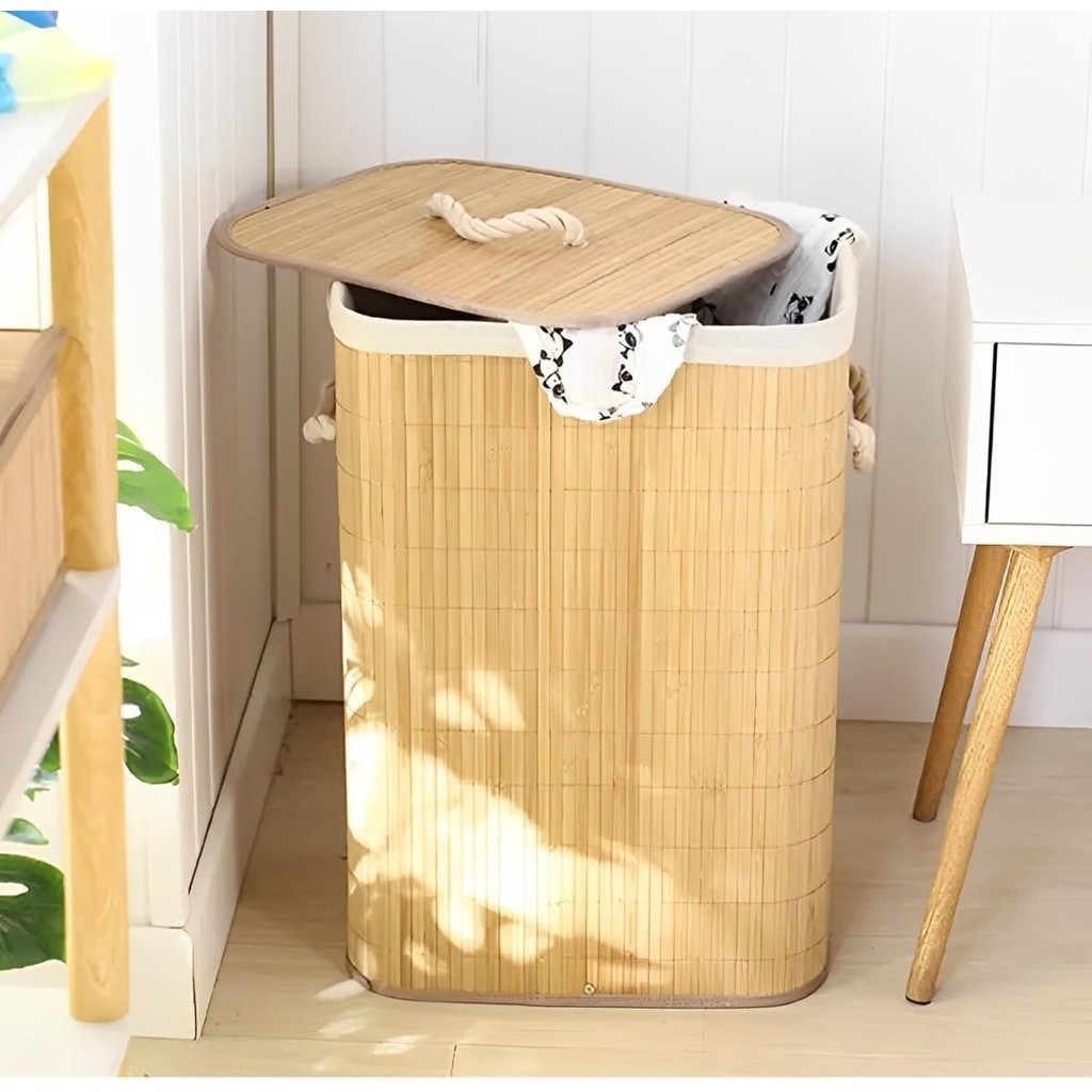 Cesto De Roupa Suja Bambu 72L Dobravel Organizador Forrado Banheiro Grande Cesto Retangular