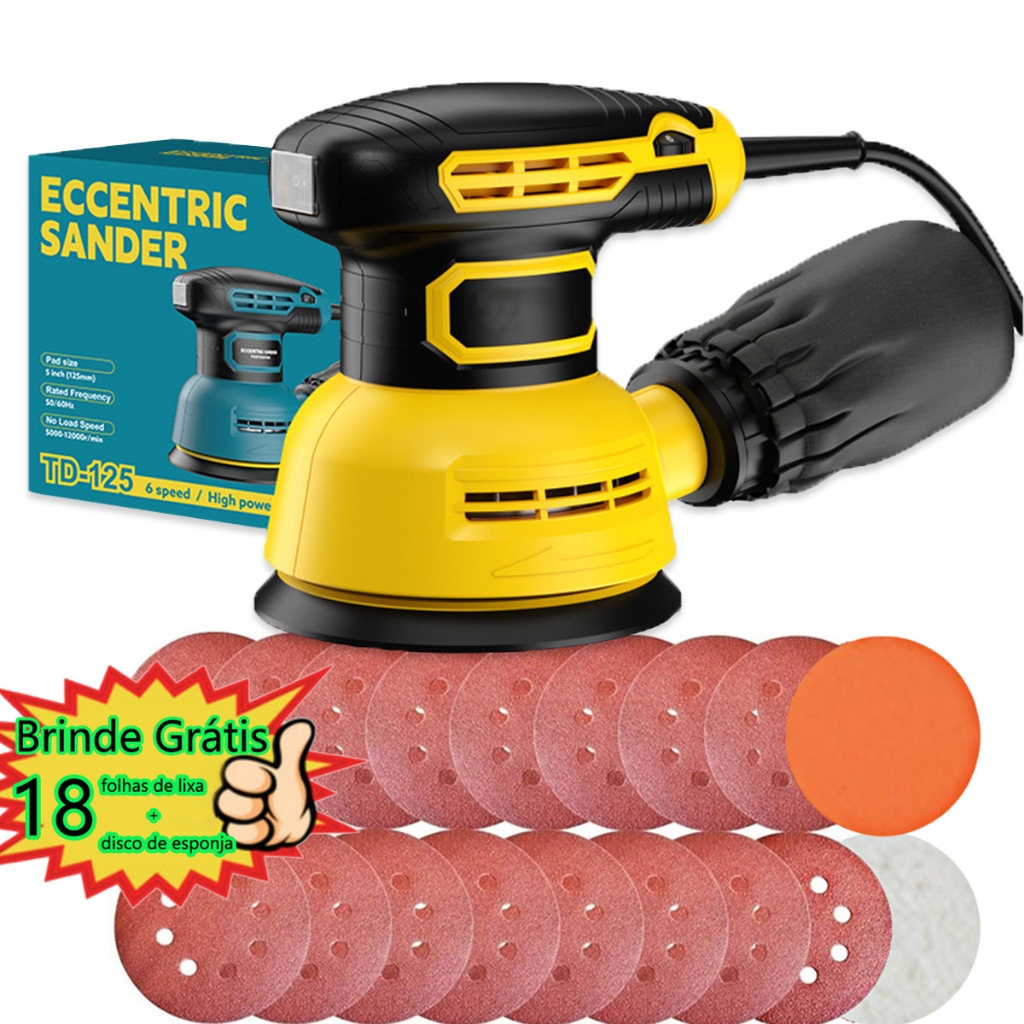 Lixadeira Elétrica Roto Orbital Profissional 300w 16 Lixas Grátis 110V ou 220V 60Hz Kit