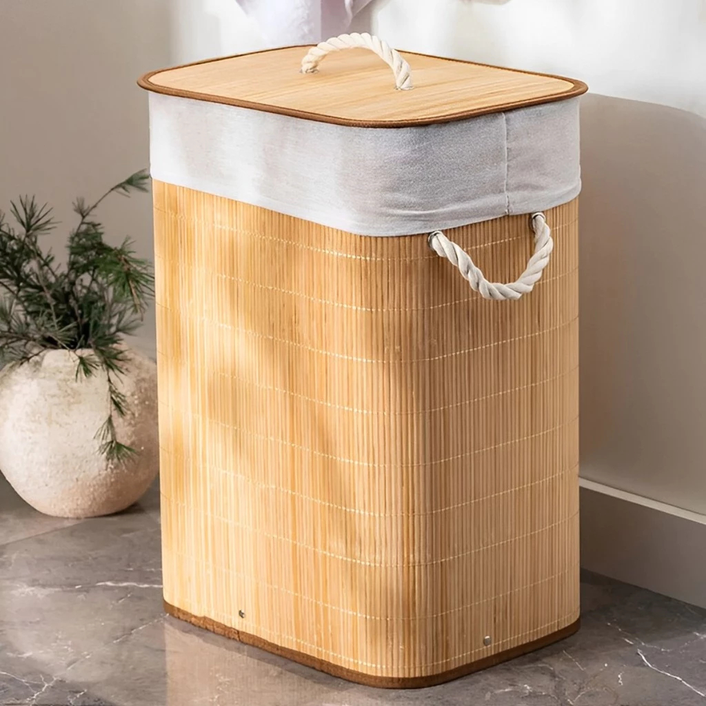Cesto De Roupa Suja Bambu 70L Dobravel Organizador Forrado Banheiro Grande Cesto Retangular