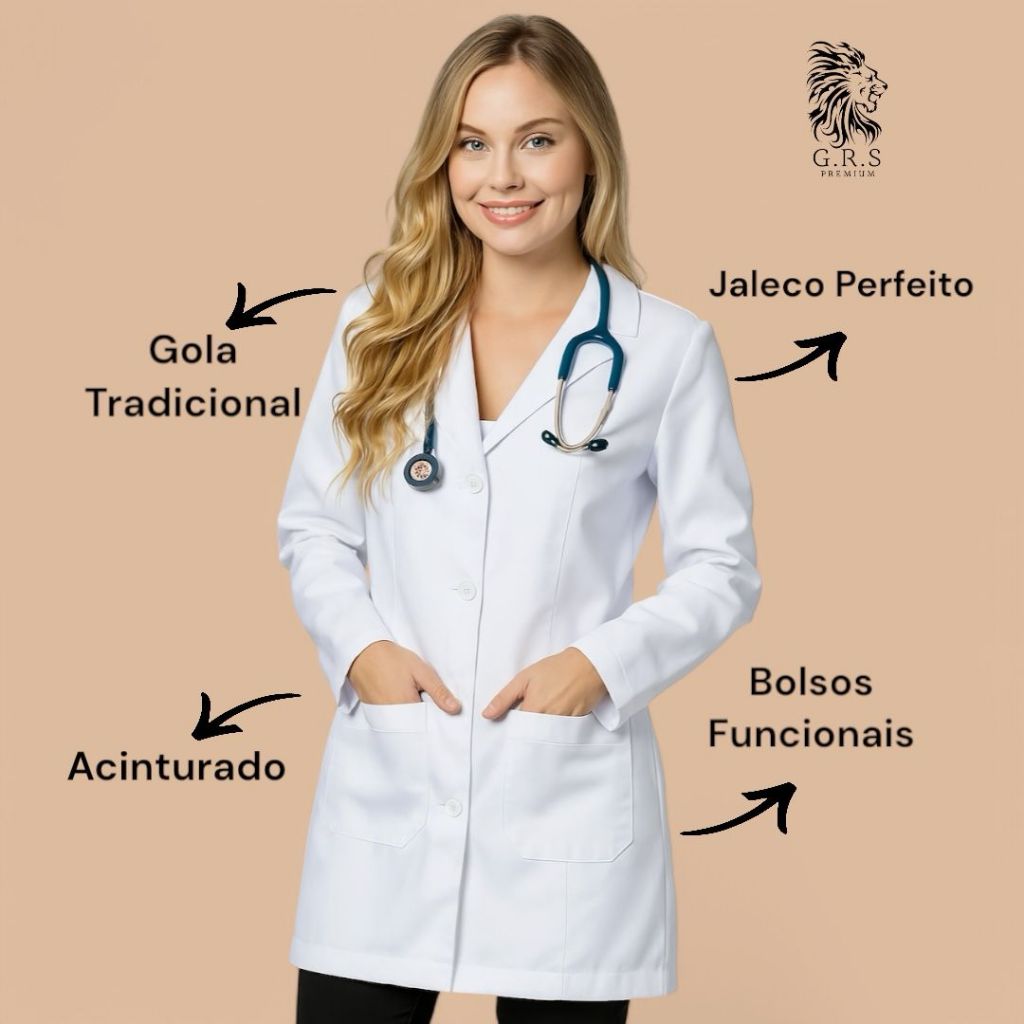 Jaleco Feminino Oxford Branco, Botão Embutido, Gola Blazer, Acinturado, Manga Longa