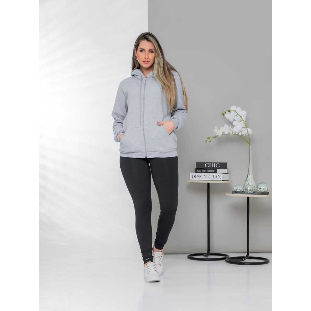 Casaco Moleton De Frio Moda Feminina Flanelado Capuz, Ziper E Bolsa Nas Laterais