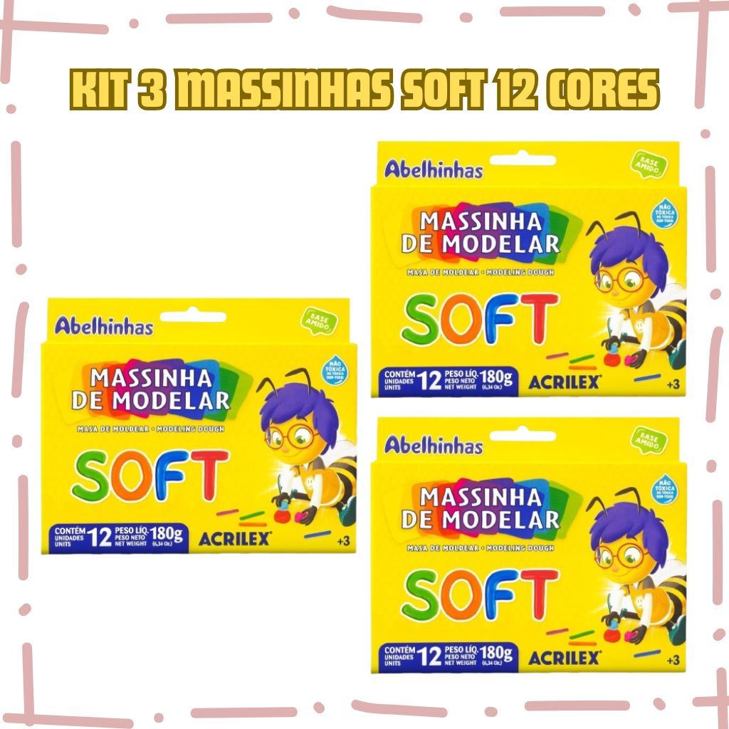 Kit 3 Massinhas Soft Escolar 12 Cores ACRILEX