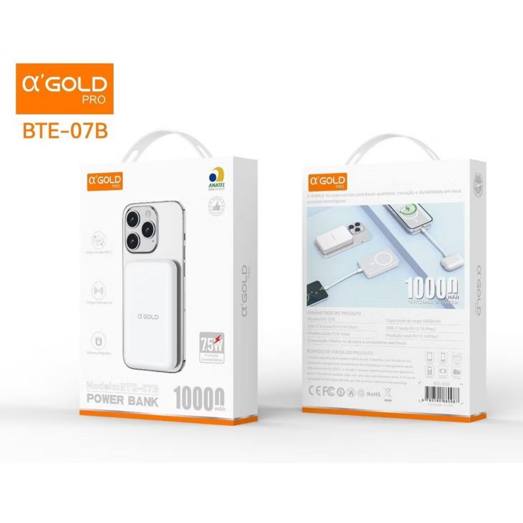 Carregador Power Bank 10000mah Magnético Indução Sem fio 7.5w Para iPhone 11 12 13 14 15 16 A'GOLD BTE-07B