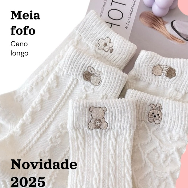 Kit meia feminina 35-40 algodao  fofo cano alto com textura desenho