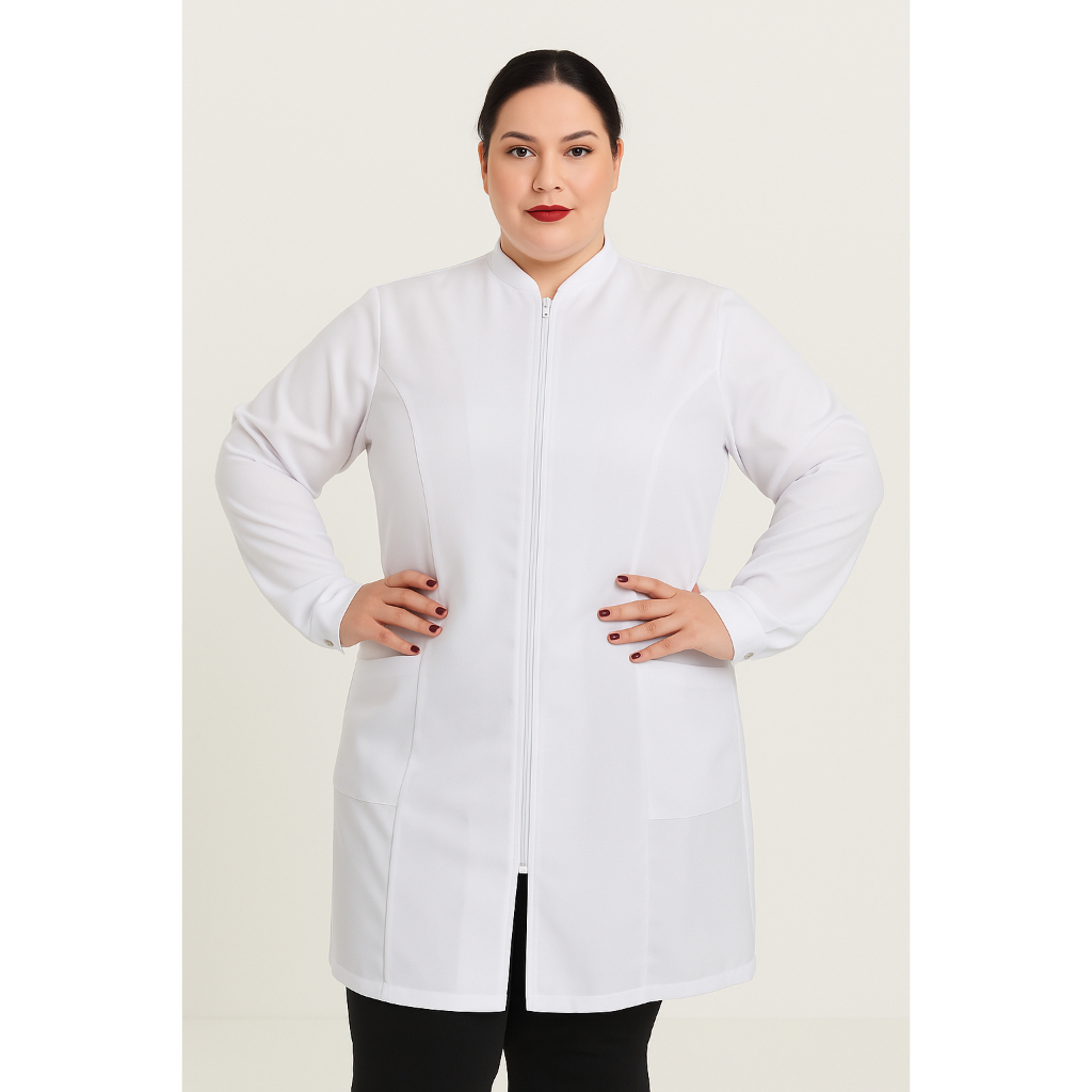 Jaleco Feminino PLUS SIZE Oxford Acinturado Zíper Gola Padre Manga Longa Estudante Profissional