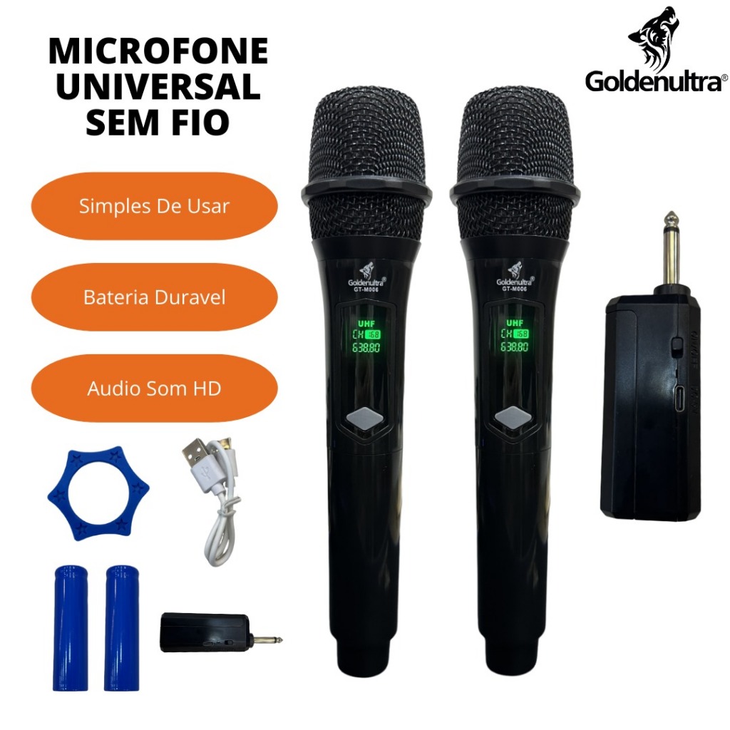 Kit 2 Microfone Profissional Sem Fio Recarregavel Dinamico Karaoke Apresentação