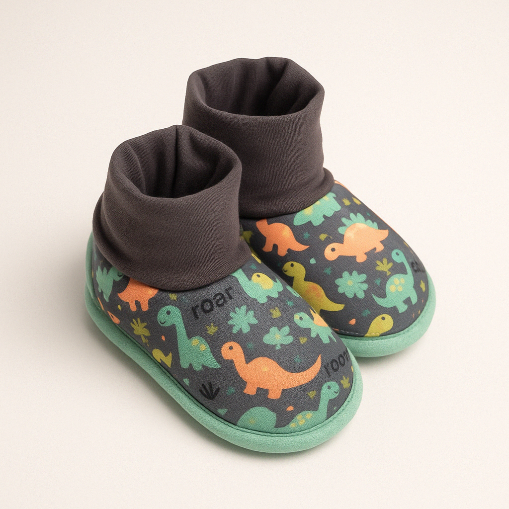 Pantufa Botinha Infantil Quentinha com Estampa Divertida de Dinossauros Macia e Confortável