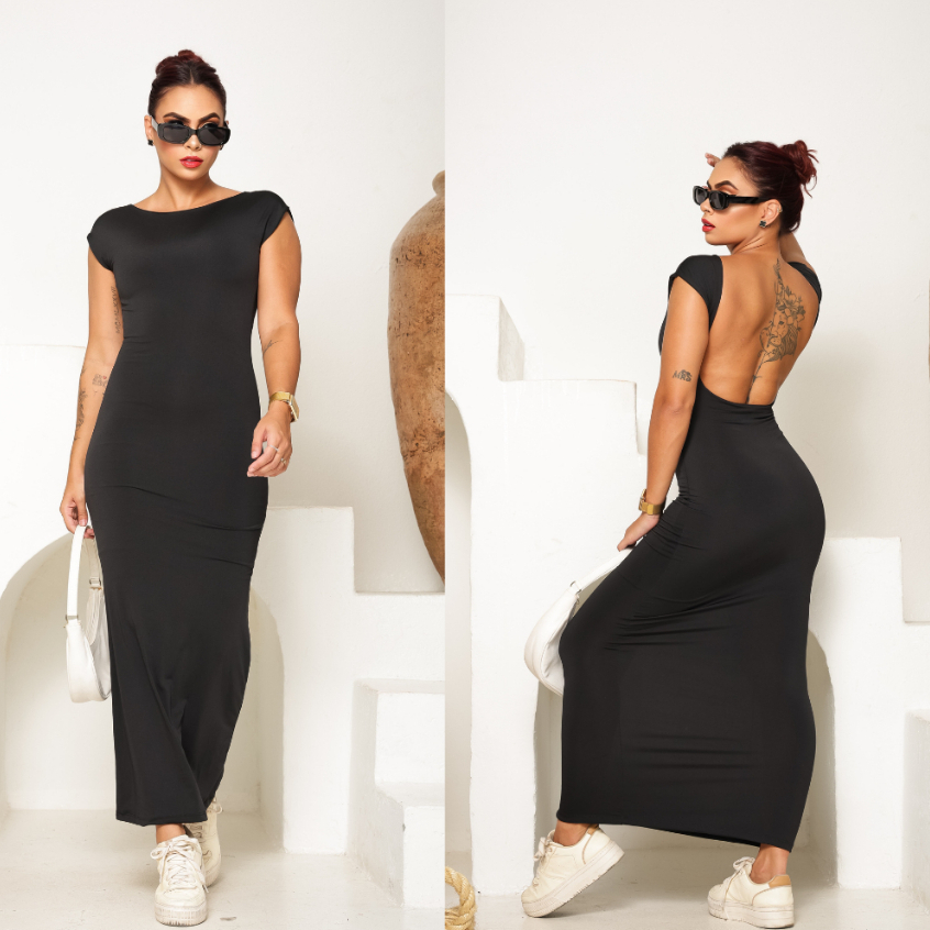 Vestido Feminino Justo de Costas Nua Longo Decote Costa Casual Estiloso