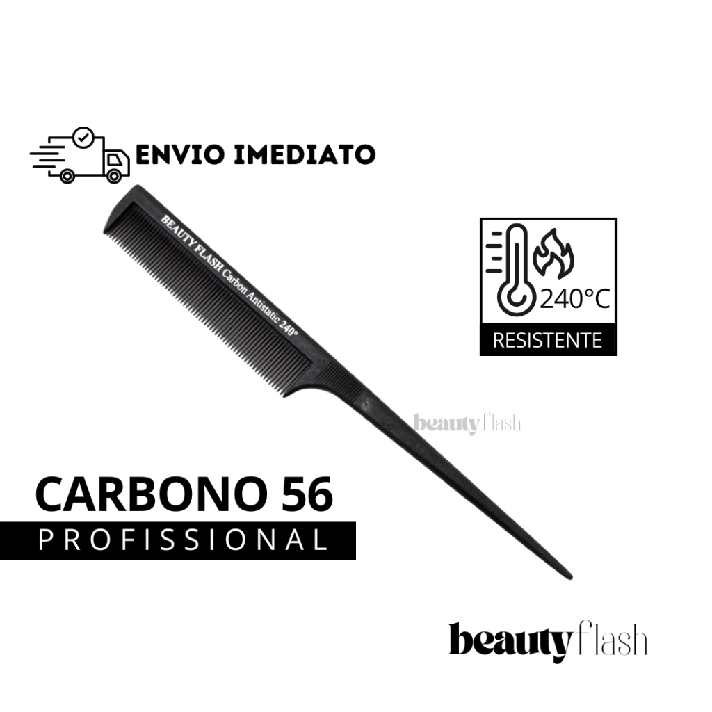 Pente Carbono Antiestático Antifrizz 56 Beauty Flash Profissional Cerdas finas e Cabo fino