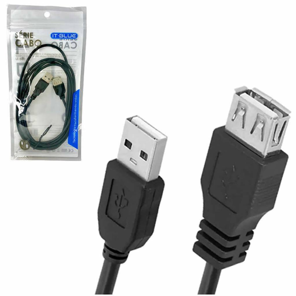 Cabo extensor USB Macho x Fêmea 2 metros It-Blue LE-803 Resistente Transmissão de dados 2.0 Preto