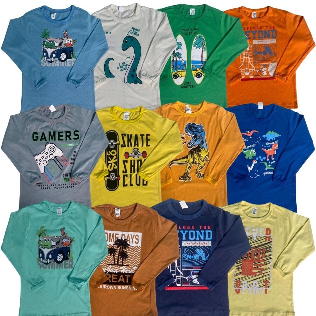 Kit Com 02/03/05 Camisetas Infantil Sortidos Desenho Manga Longa Menino Inverno 2 à 8 Anos