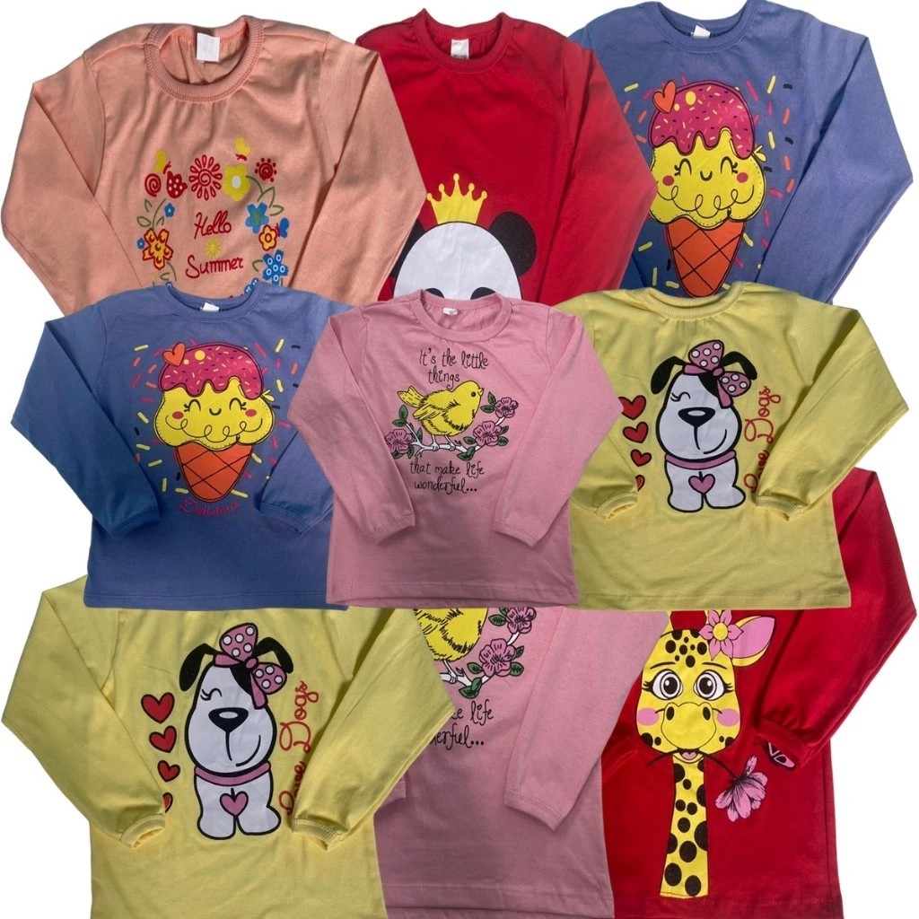 Kit Com 02/03/05 Camiseta Infantil Manga Longa Menina Feminino 100% Algodão Inverno 2 à 8 Anos