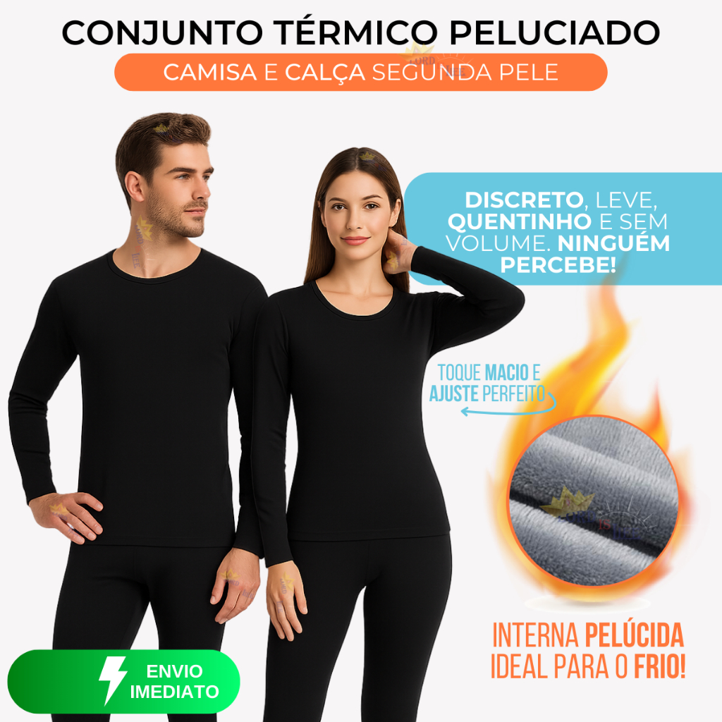 Conjunto Segunda Pele Térmica Flanelado Frio Intenso Preto Proteção Uv+50 Masculino Feminino Unissex