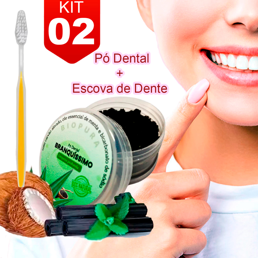 Kit Pó Dental Clareador Natural Carvão Ativado + Escova de Dentes-plastico