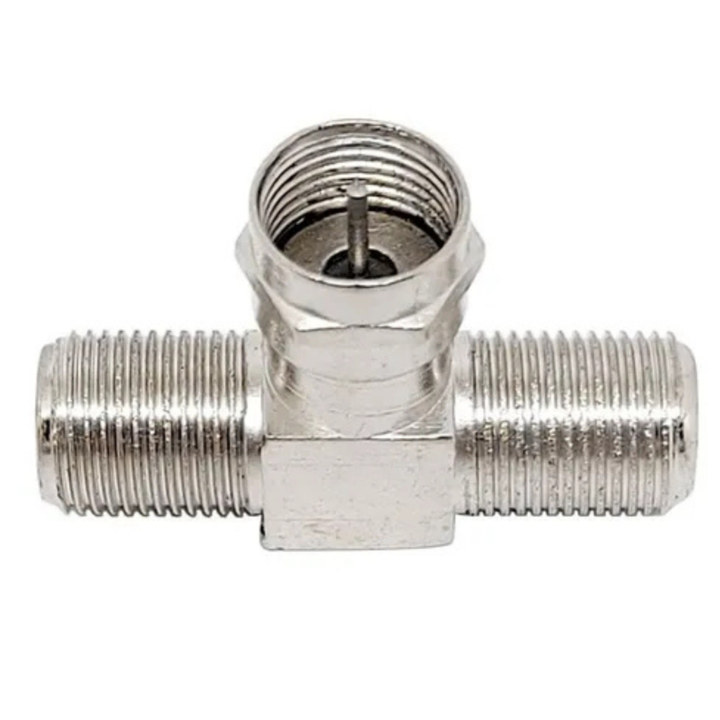 Conector F / Coaxial Tipo T 1 Macho Rosca X 2 Fêmeas Rosca