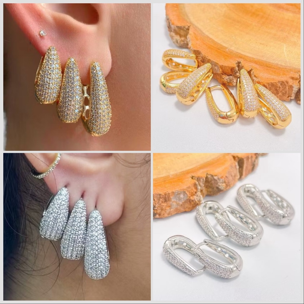 Trio Brinco Gota Click Cravejado Banhada em Prata 925 e Ouro 18k.