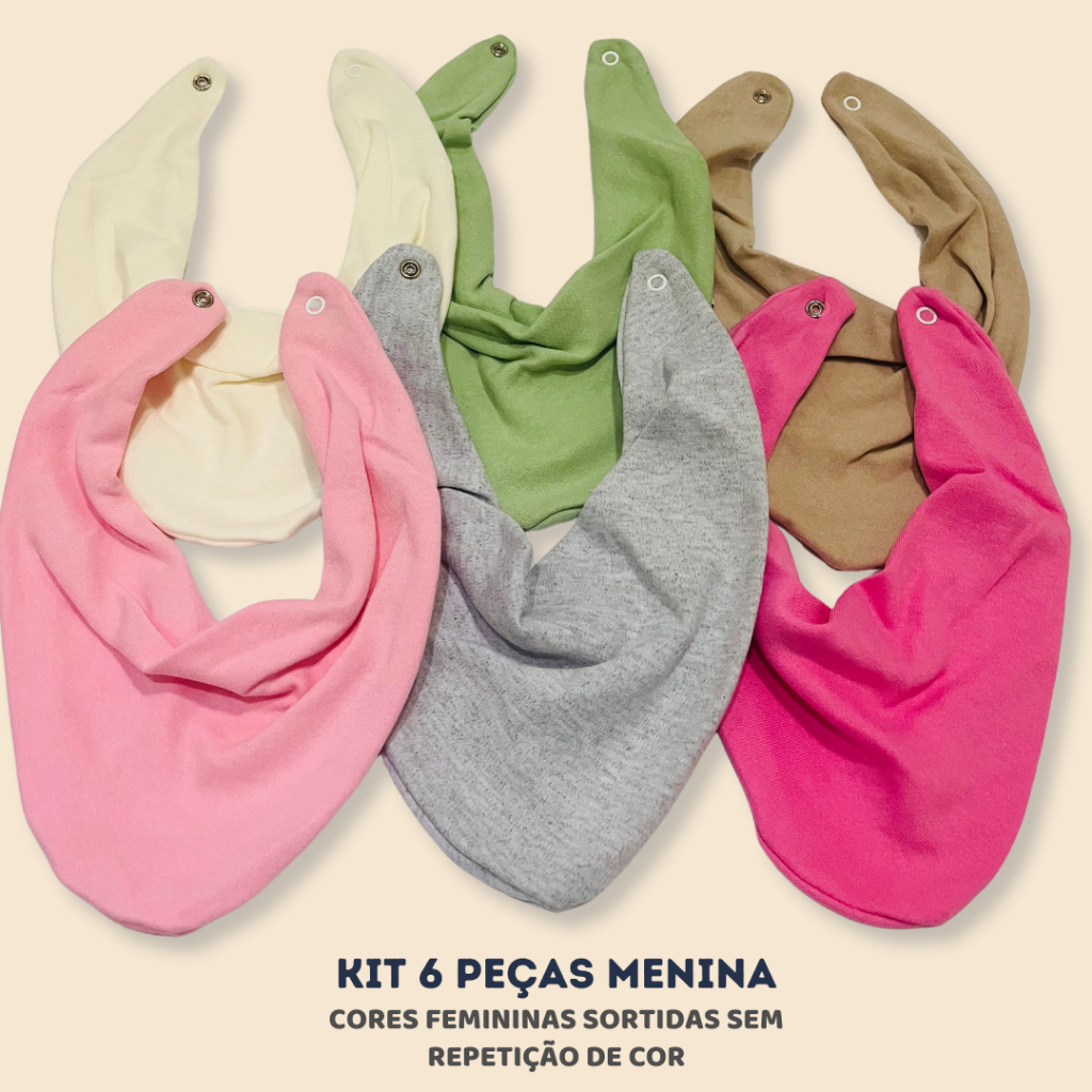 Kit Com 6 Babador Bandana de Bebê Infantil 100% Algodão Cores Sortidas
