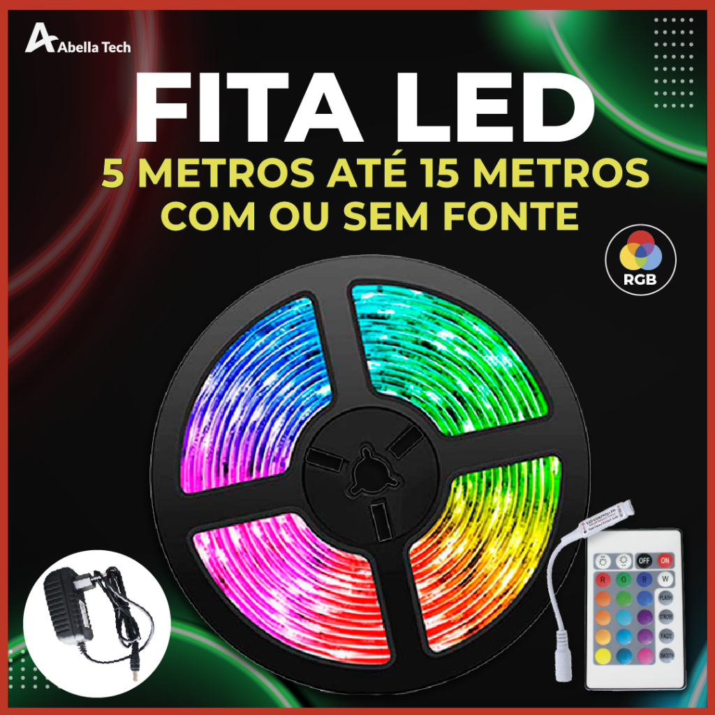 Fita LED 5050 SUPER LED ULTRA RGB 5M 12V  300 LEDS FITA + CONTOLE + FONTE | 16 CORES IP20