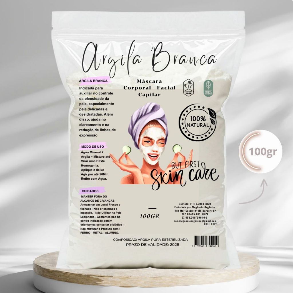 Argila Mascara facial 100g Elegância Orgânica 100 % Natural Branca Verde Rosa Dourada Preta Dolomita